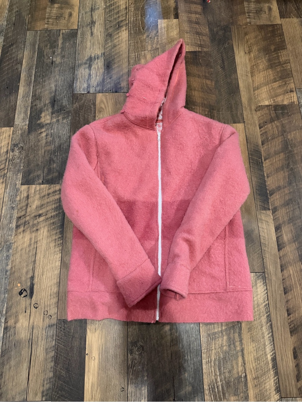 Cozy pink zip up jacket made from old blanket
